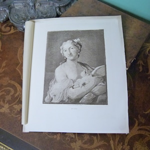 Incisione "Giovane ragazza con colomba" da Quentin de la Tour, incisore Georges Petit, XIX secolo