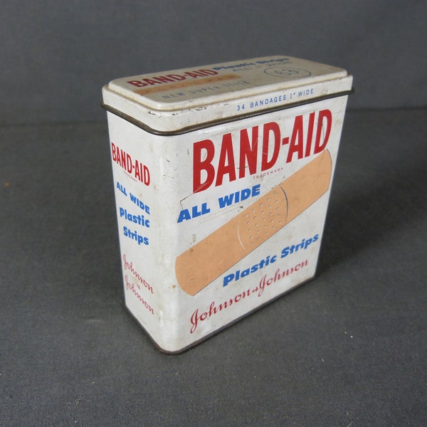 Oude metalen doos, jaar 1960, "BAND-AID", Amerikaanse verbanden, reclame, doos leeg verkocht