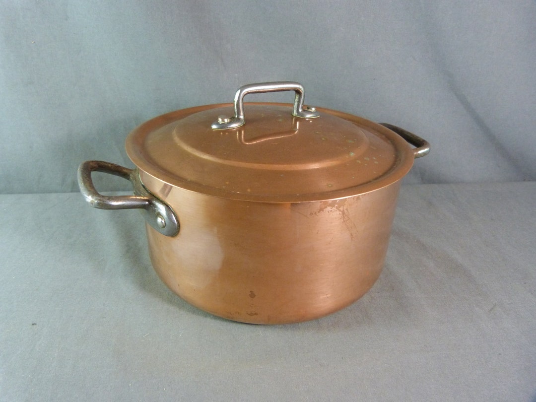 French Vintage Copper Rondeau Stock Pot Stew Pan Cast Iron Handle