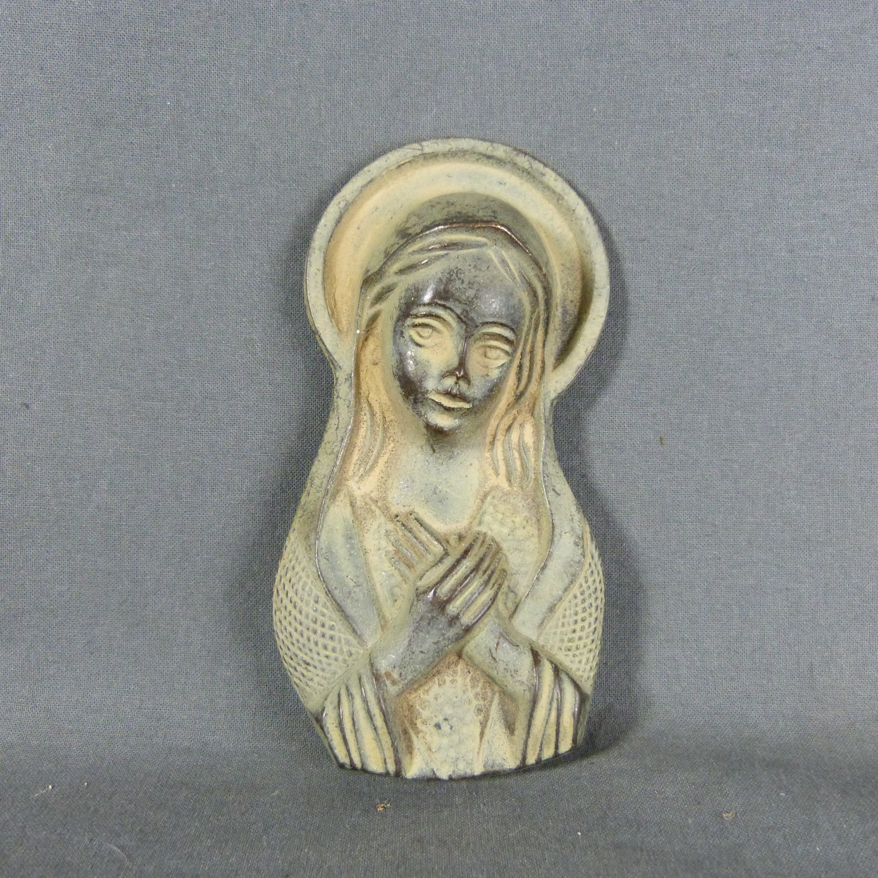 French Vintage Bronze Religious Plaque Saint Virgin Mary