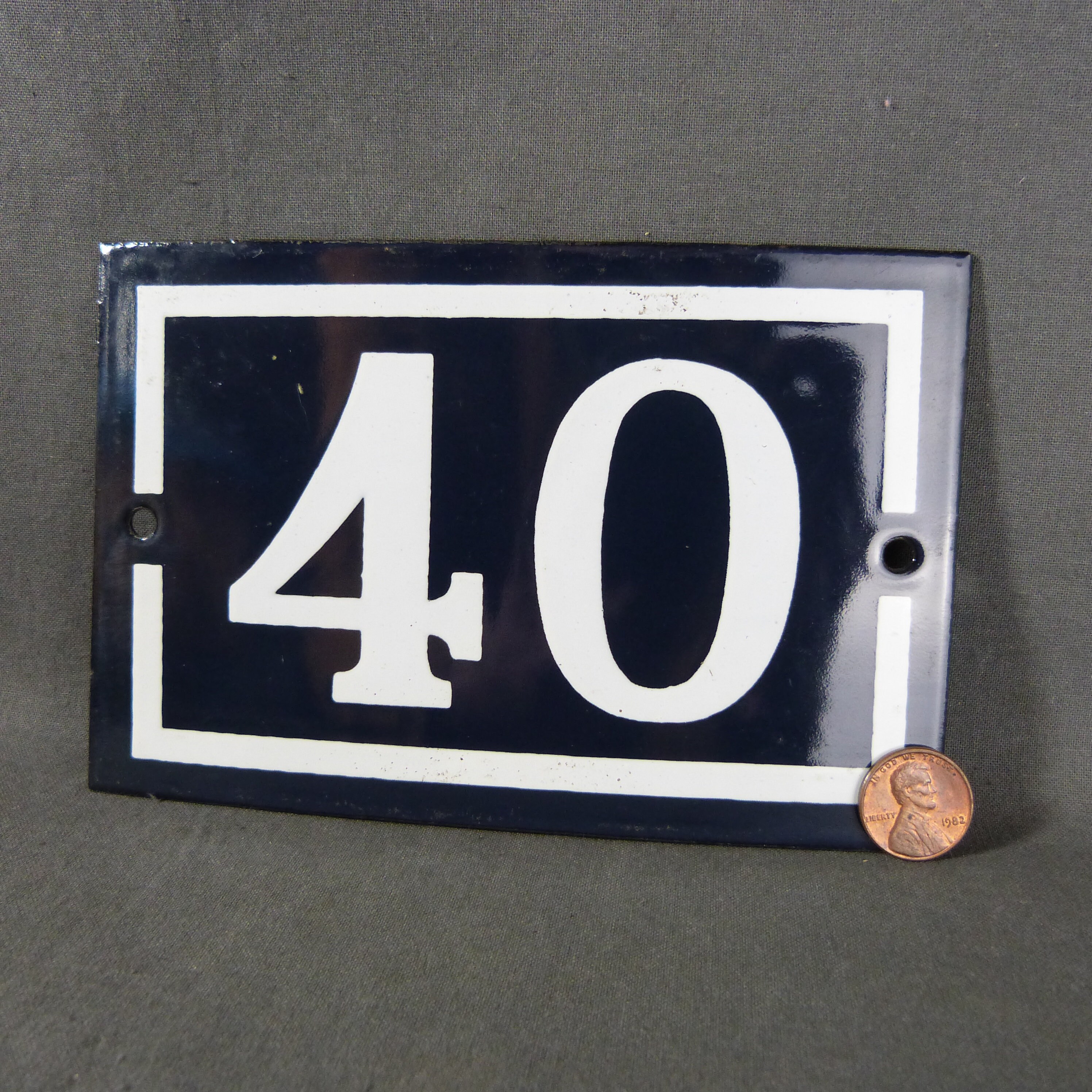 French Vintage Blue Enamel Metal Street Number Number 40 Door House Plaque