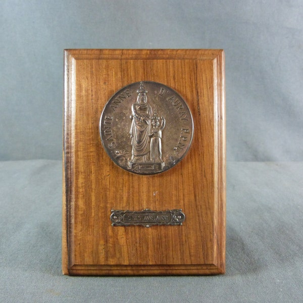 Vintage religious silver plated medal Saint Ann on wood