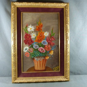 Pintura Óleo sobre cartón firmado E. Budin 1957, Naturaleza muerta "Ramo de flores" enmarcada