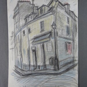 May include: A black and white pencil drawing of a building with a yellow facade and a blue awning. The drawing is signed "H. Bonnard" and dated "7-10-68" with the text "Impasse Destra" and "rue Norvins".