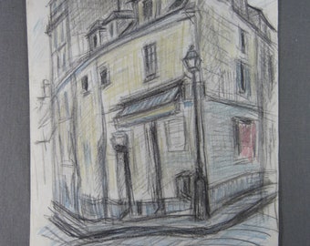 Henri BOULAGE (1882-1967), Dessin Original au crayon de couleur, Impasse Trainée à Montmartre 1960