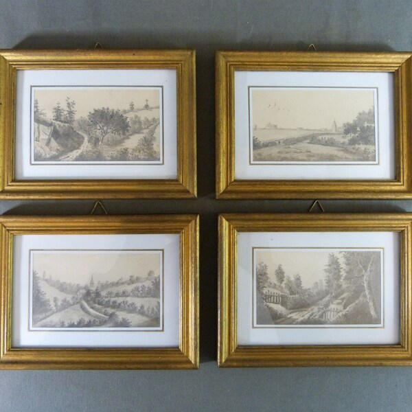 Set of four french pencil drawings signed Mme Julien Guerrand 1894 "Nonneville, Chapelle Sainte-Anne".