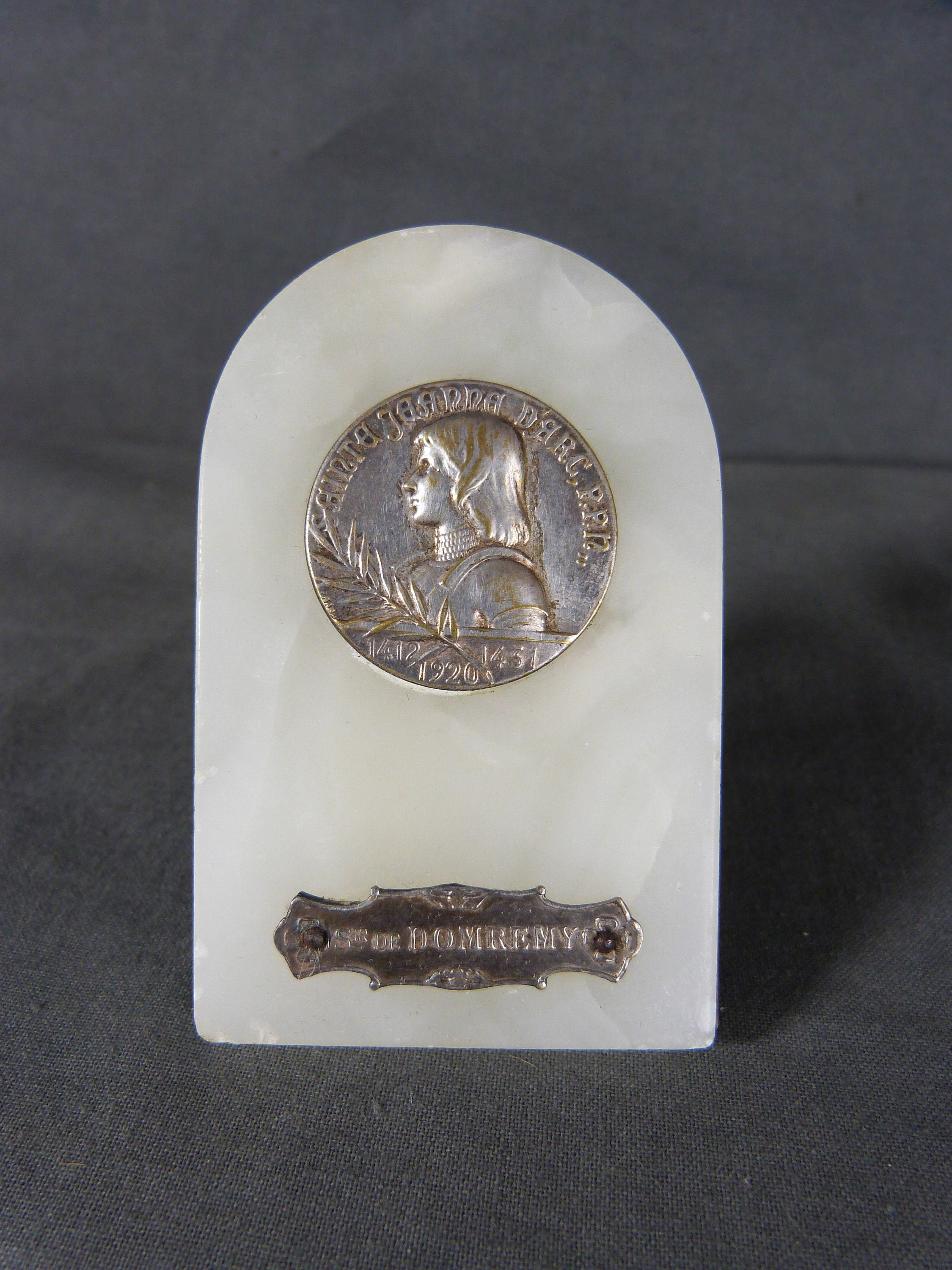 Joan Of Arc Vintage Marble Tabletop Plaque For Home Altar With Medal Joan By Lavrillier