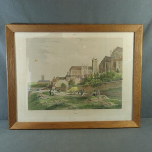 AUXERRE Litografia a colori incorniciata sotto vetro, "Les Quais" circa 1840 YONNE