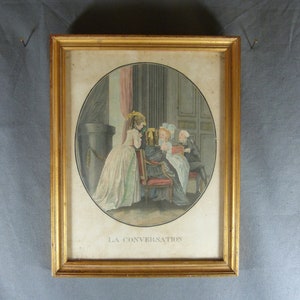 French Lithograph Engraving in color genre scene &quot;La conversation&quot; 19th century