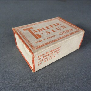 Oude kartonnen doos, jaartal 1940, "Alum Tablet", OSMA-reclame, doos vol verkocht