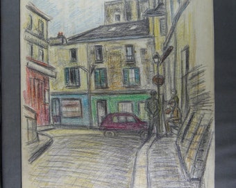 Henri BOULAGE (1882-1967), Originalzeichnung mit Buntstift, rue de Montmartre 1959