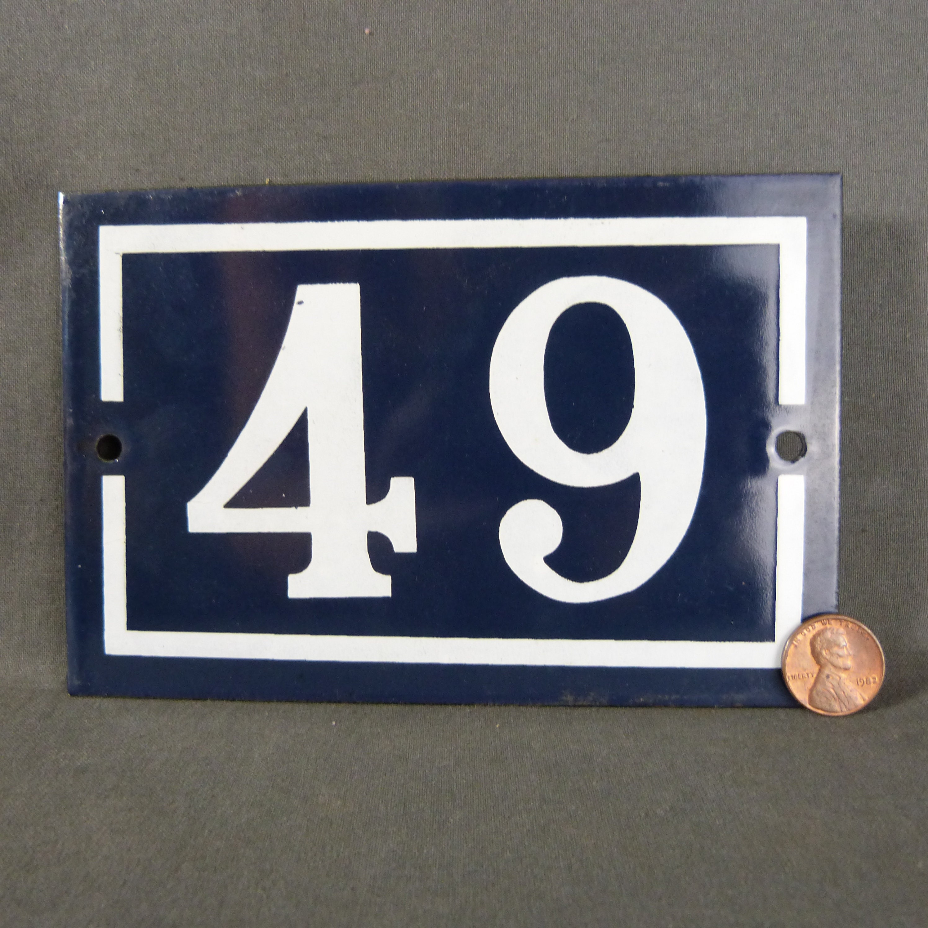 French Vintage Blue Enamel Metal Street Number Number 49 Door House Plaque