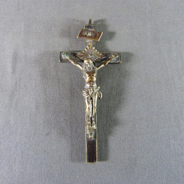 French Pectoral cross Silver plated blackened wood, Crucifix, height 4 1/2, religious cross