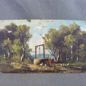 Pintura Óleo sobre tabla de madera, siglo XIX "Mujer junto al pozo"