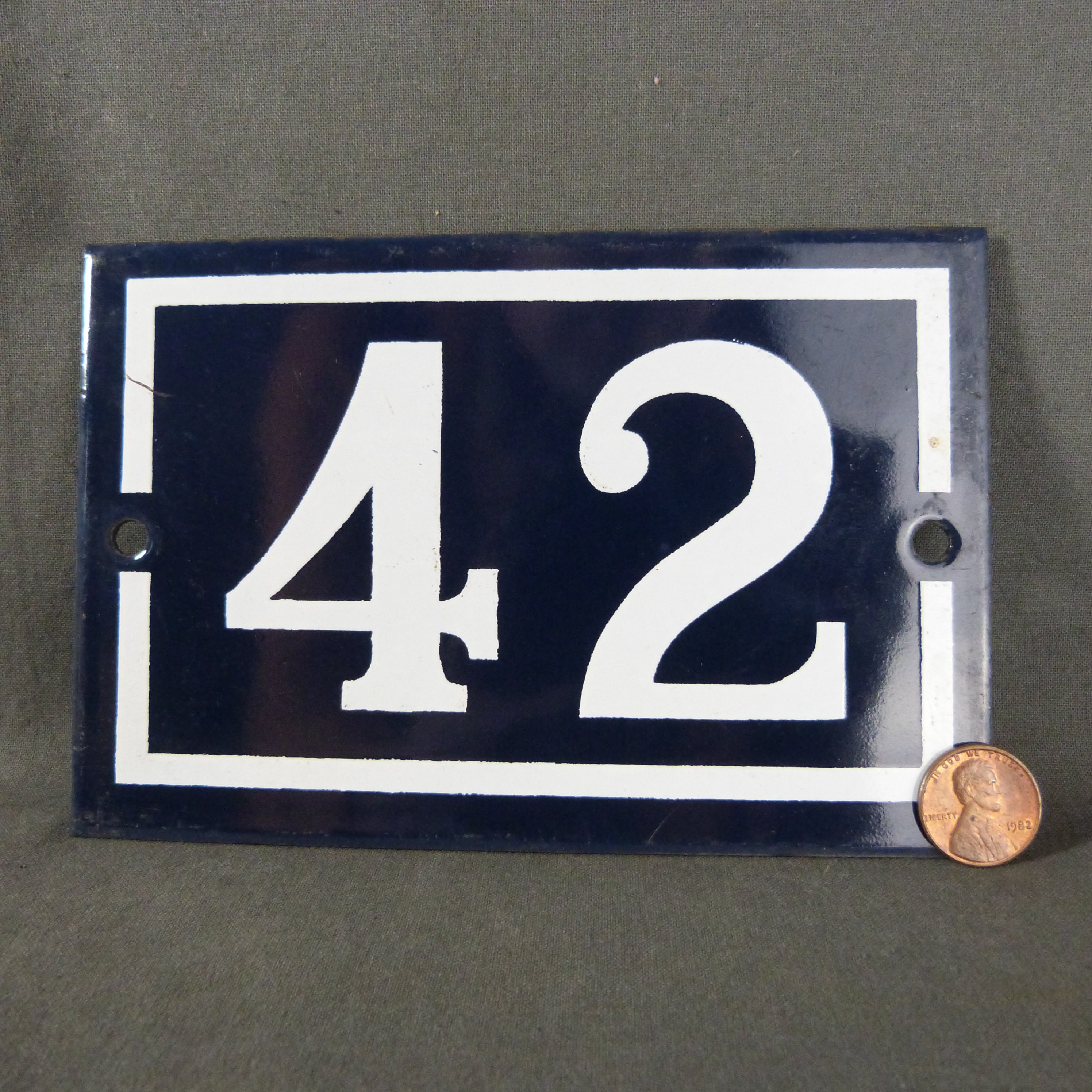 French Vintage Blue Enamel Metal Street Number Number 42 Door House Plaque