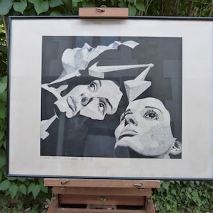 Indian ink drawing signed Charles-Erick Labadille, Les Dames-Pendules 1973