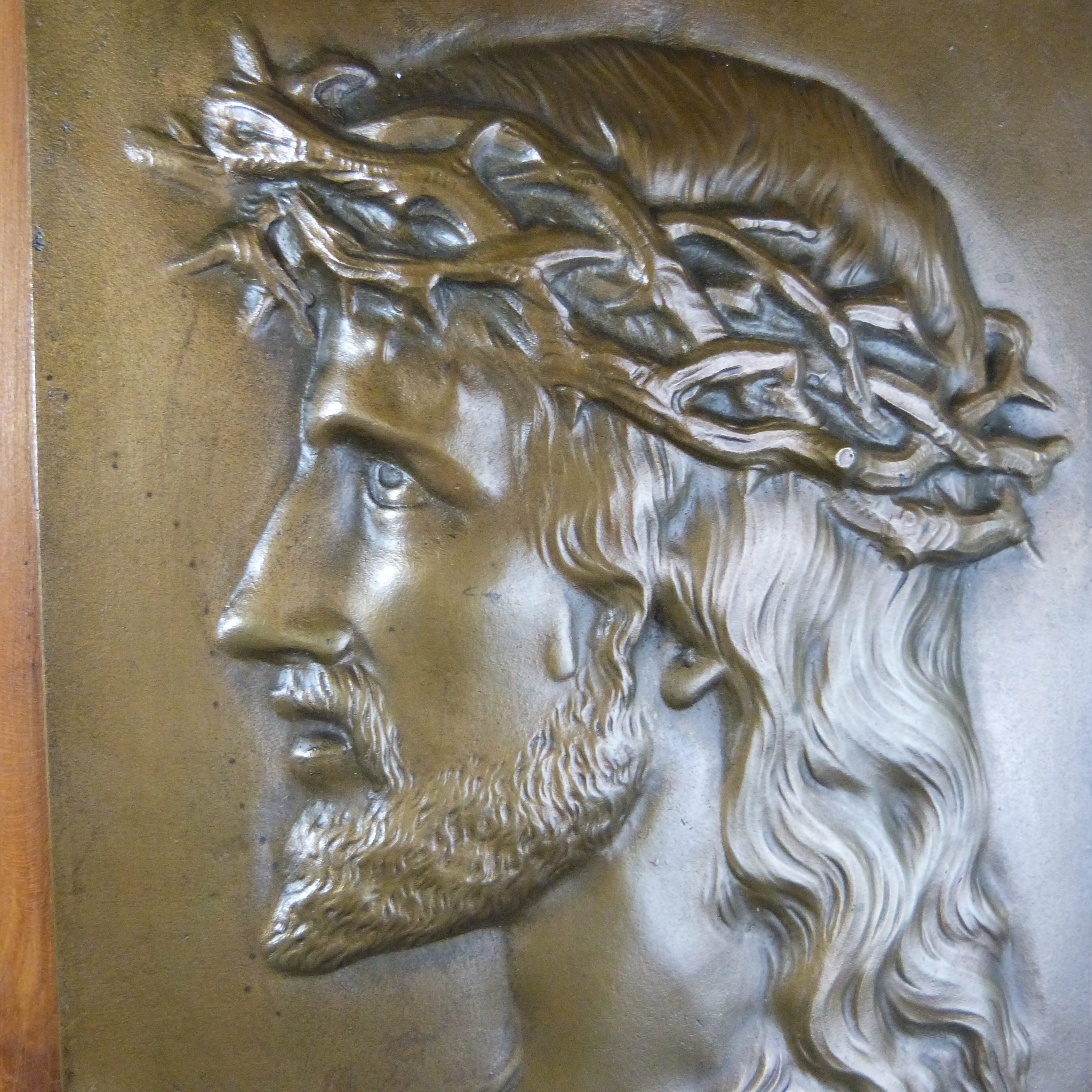 French Heavy Bronze Plaque Jesus Christ Head On Wood Panel