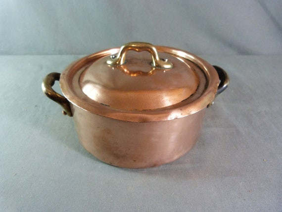 Small French Rondeau Vintage Copper Stock Pot Stew Pan Cast Iron Handle  Riveted Ø 6 1/2 