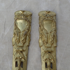 Pair of French Antique Golden Bronze Plaque Finials Leg Furniture 19th c.