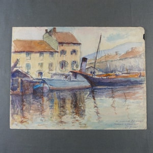 L. VIARD Paesaggio ad acquerello di un porto in Normandia, 1930 circa