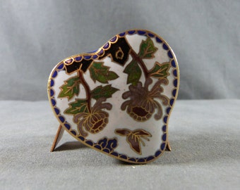 French Vintage Cloisonne Enameled Heart Shape Pill Box Flowers