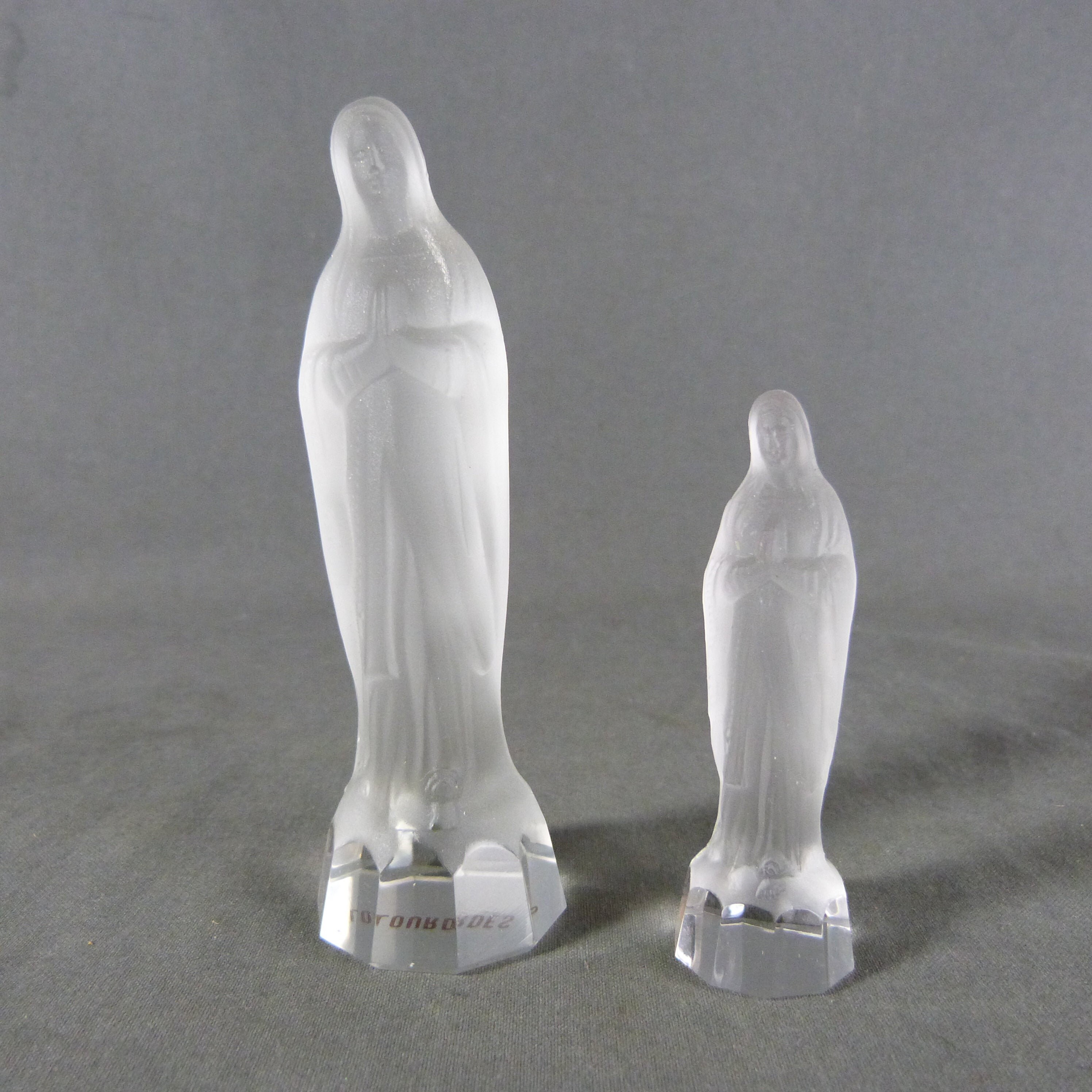 Pair Of Vintage French Crystal Opalescent Figurine Statue Virgin Mary Lourdes