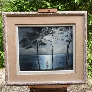 Pintura Óleo sobre lienzo montado sobre cartón firmado A. DAMBRIN, Paisaje costero, enmarcado