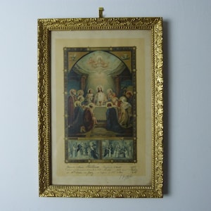 Litografia Battesimo Comunione Solenne incisione Eucaristia 1922-1933 in cornice dorata