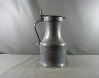 French Antique pewter pitcher, primitive French poucier pitcher with acorn decoration