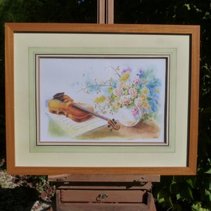 Riproduzione del dipinto "Natura morta con violino" di Danielle Lebeau, bella cornice