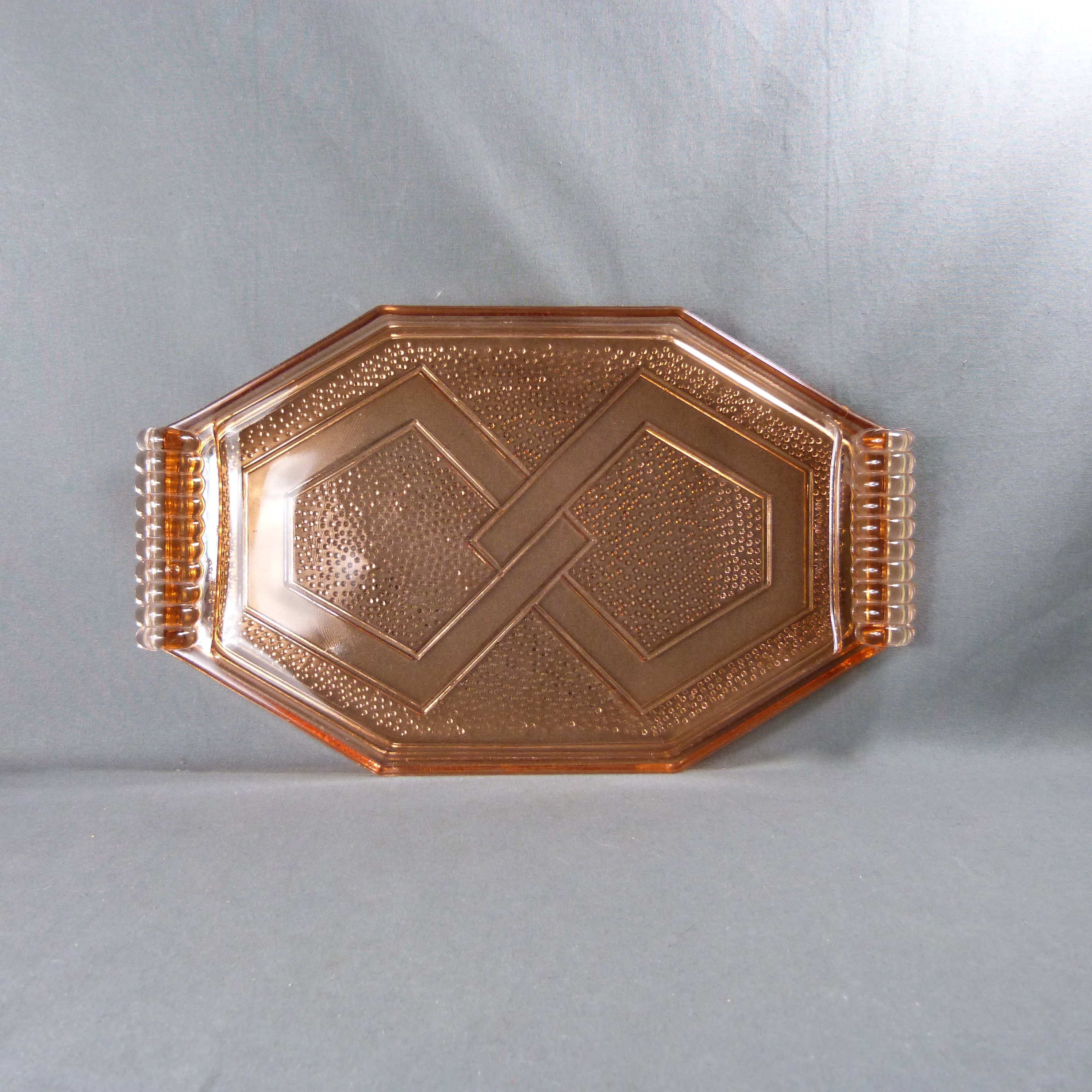French Antique Art Deco Pink Glass Dish Geometric Pattern Ca 1930 Made in France