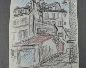 Henri BOULAGE (1882-1967), Disegno originale, Rue Ravignan a Montmartre 1960