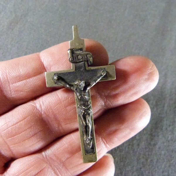 French Small metal and blackened wood cross, Crucifix, 2" tall religious cross