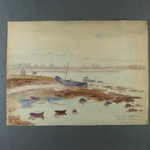 L. VIARD Acquerello Paesaggio della spiaggia in Normandia, 1930 circa