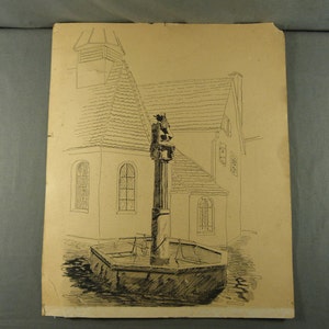 Gran Dibujo en tinta china negra que representa una fuente frente a una iglesia francesa