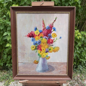 Tableau Huile sur carton signé Hubert Staudre, Nature Morte "Bouquet "
