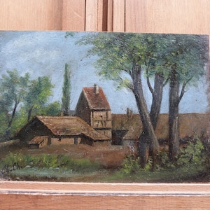 Tableau Huile sur carton signé Ch. Ch., Paysage français au dos : Bourges 1884