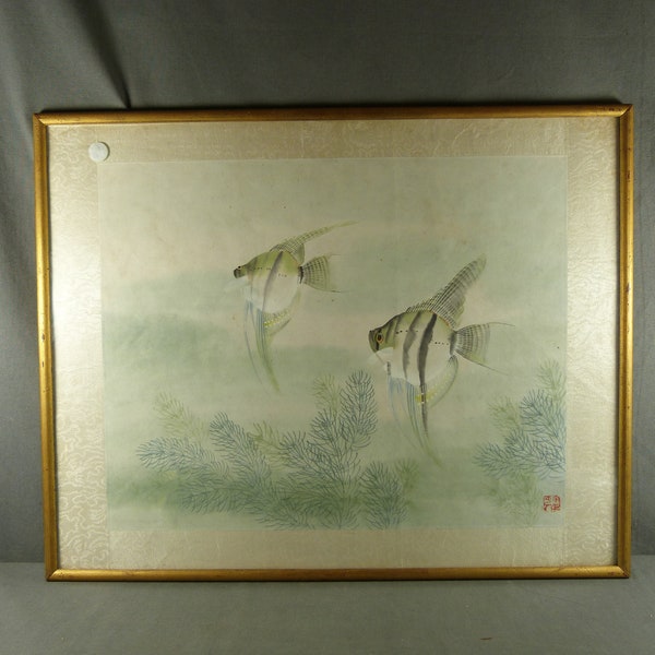 Aquarelle Chinoise sur papier Japon et soie Couple de Poissons début 20e siècle