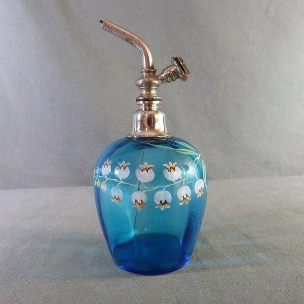 Magnifique bouteille de parfum bleue, Vaporisateur, Muguet peint à la main Art Nouveau