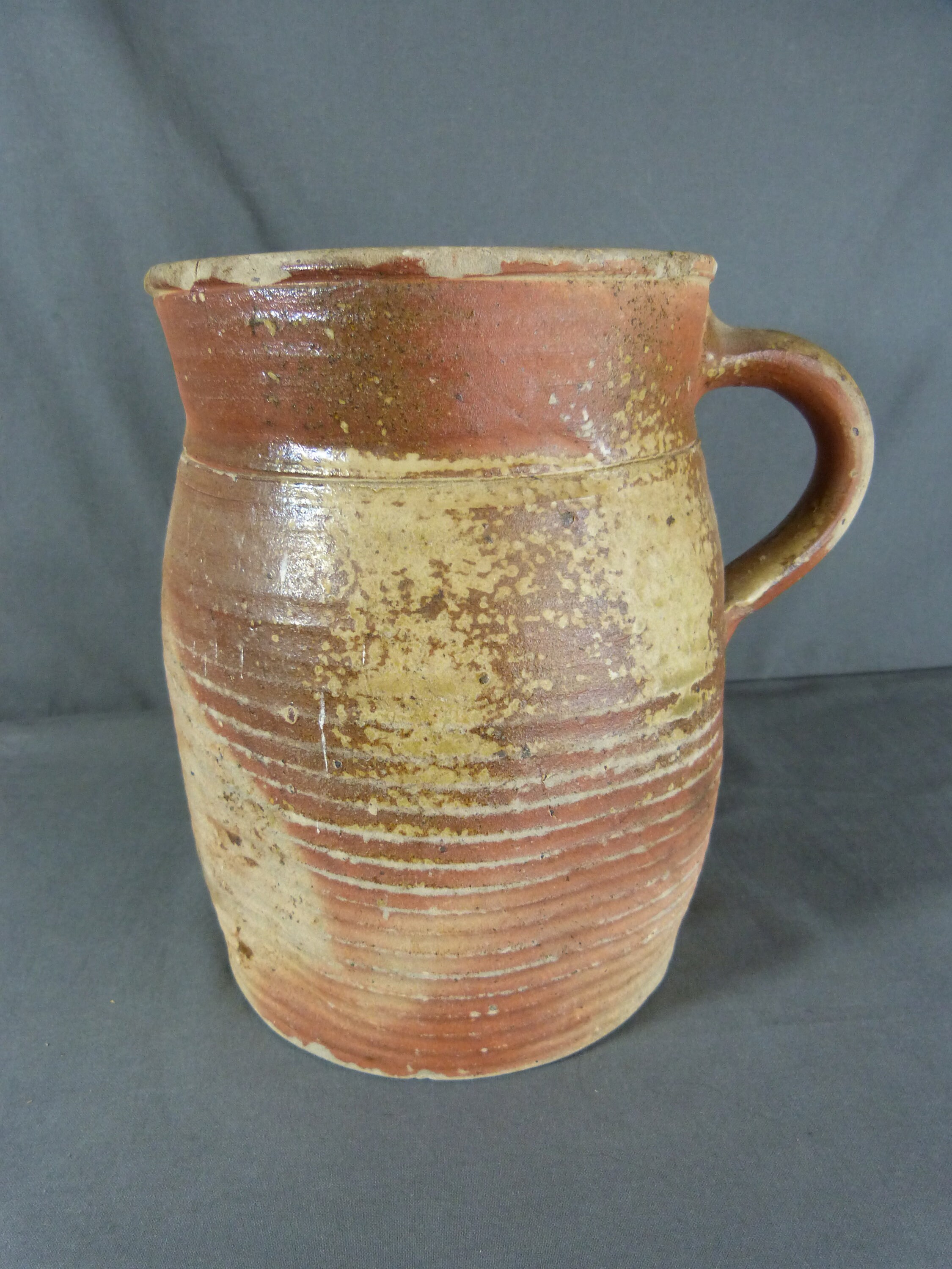 Handmade French Antique Pottery, Terracotta Pitcher, Stoneware Of Puisaye 19Th Century