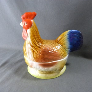 French Vintage Handmade Faience Ceramic ROOSTER Terrine signed MICHEL CAUGANT