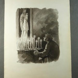Op de afbeelding: Een zwart-wit illustratie toont een persoon die bidt voor brandende kaarsen. Op de achtergrond een standbeeld van een vrouw en kind. Het kunstwerk is linksonder gesigneerd.