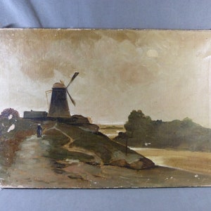 Painting Oil on canvas Seaside mill, landscape with character