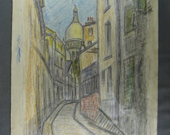 Henri BOULAGE (1882-1967), Disegno originale a matita colorata, rue Saint Rustique a Montmartre 1959