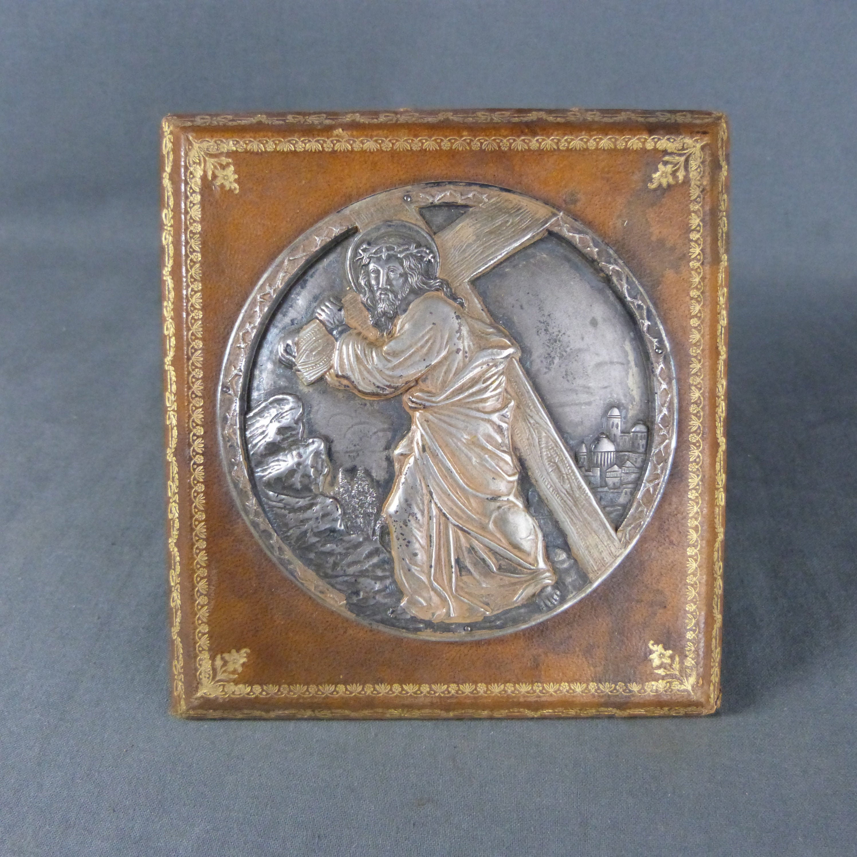 French Antique Silver Plated Plaque Bas Relief Jesus With Cross On Leather Panel