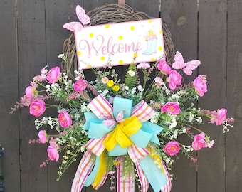 Welcome Spring Rainboot and Butterfly Grapevine Wreath for Front Door, Elegant Designer Ranunculus and Daisy Mothers Day Wreath Decor Gift