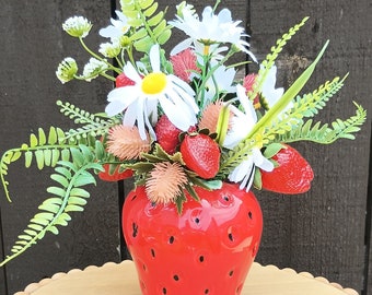 Silk Flower Strawberries and Daisies Ceramic Vase Arrangement