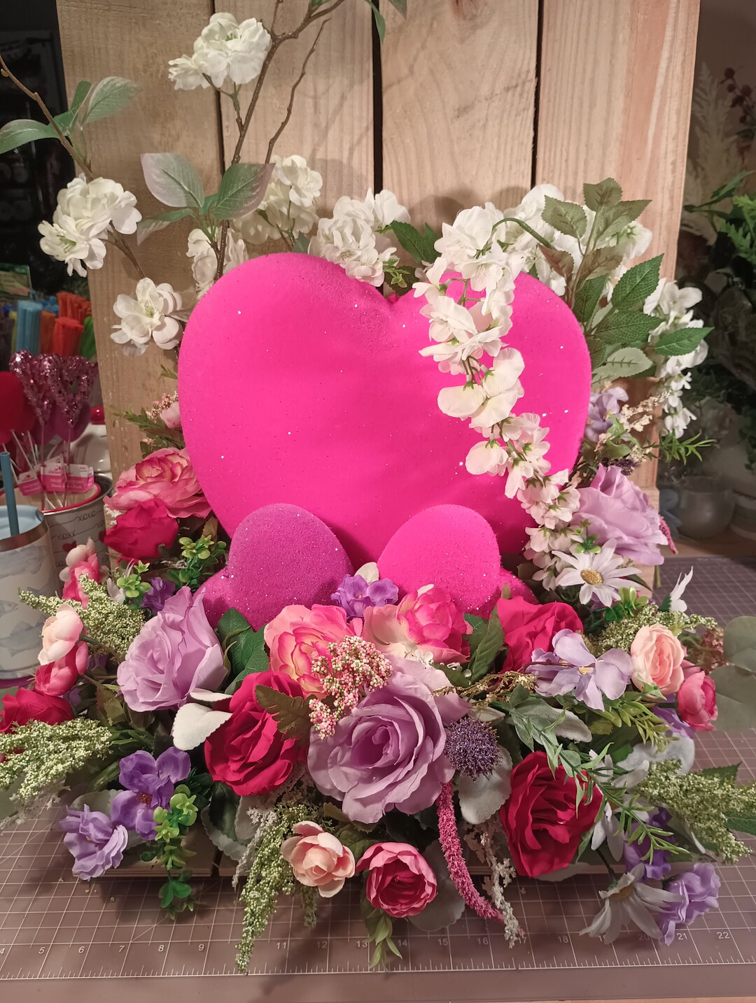 Elegant Extra Large Faux Silk Floral With Flocked Hearts Valentines Day