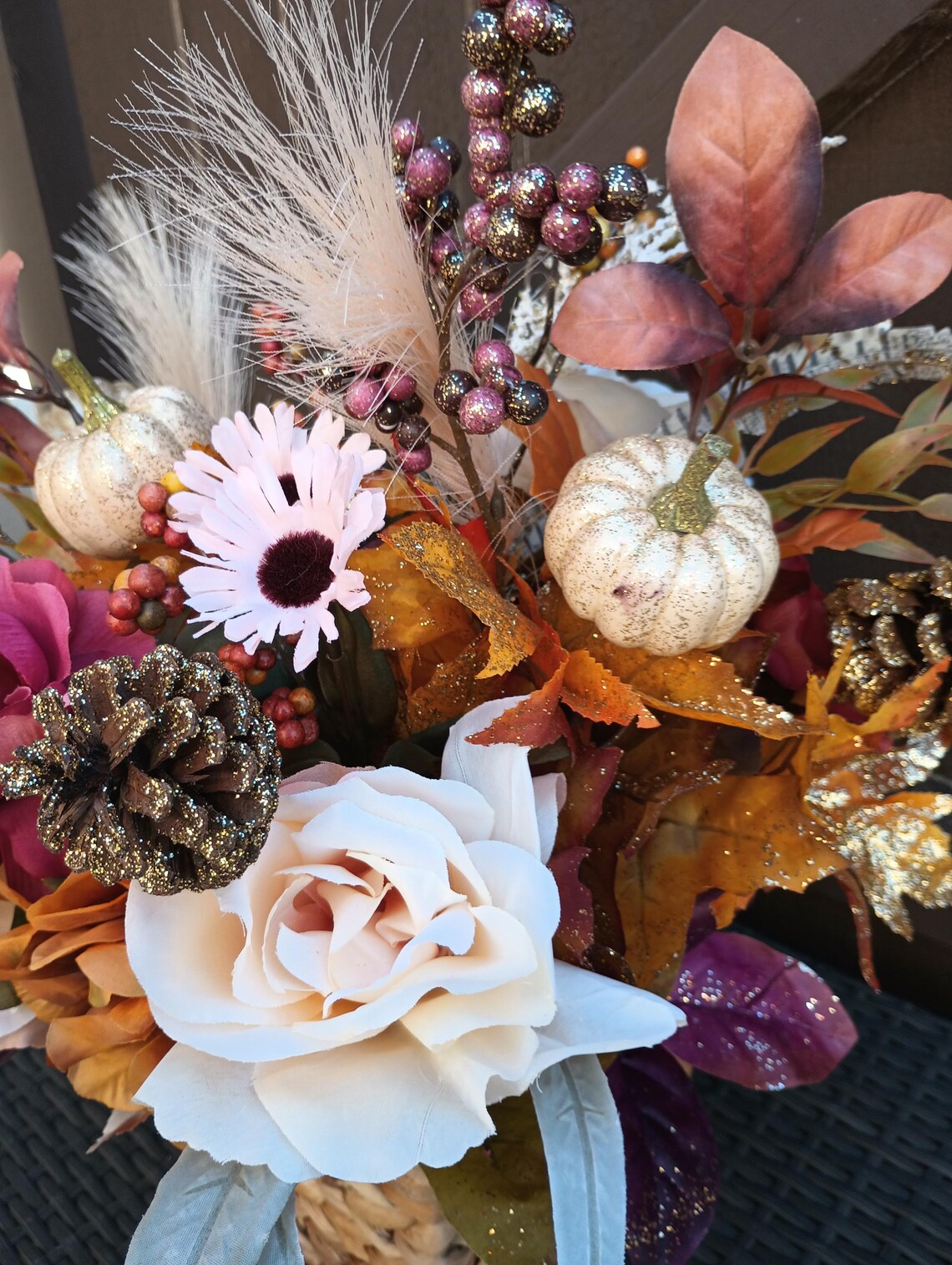 Fall Silk Flower Centerpiece Entryway Tablescape in Woven Basket ...