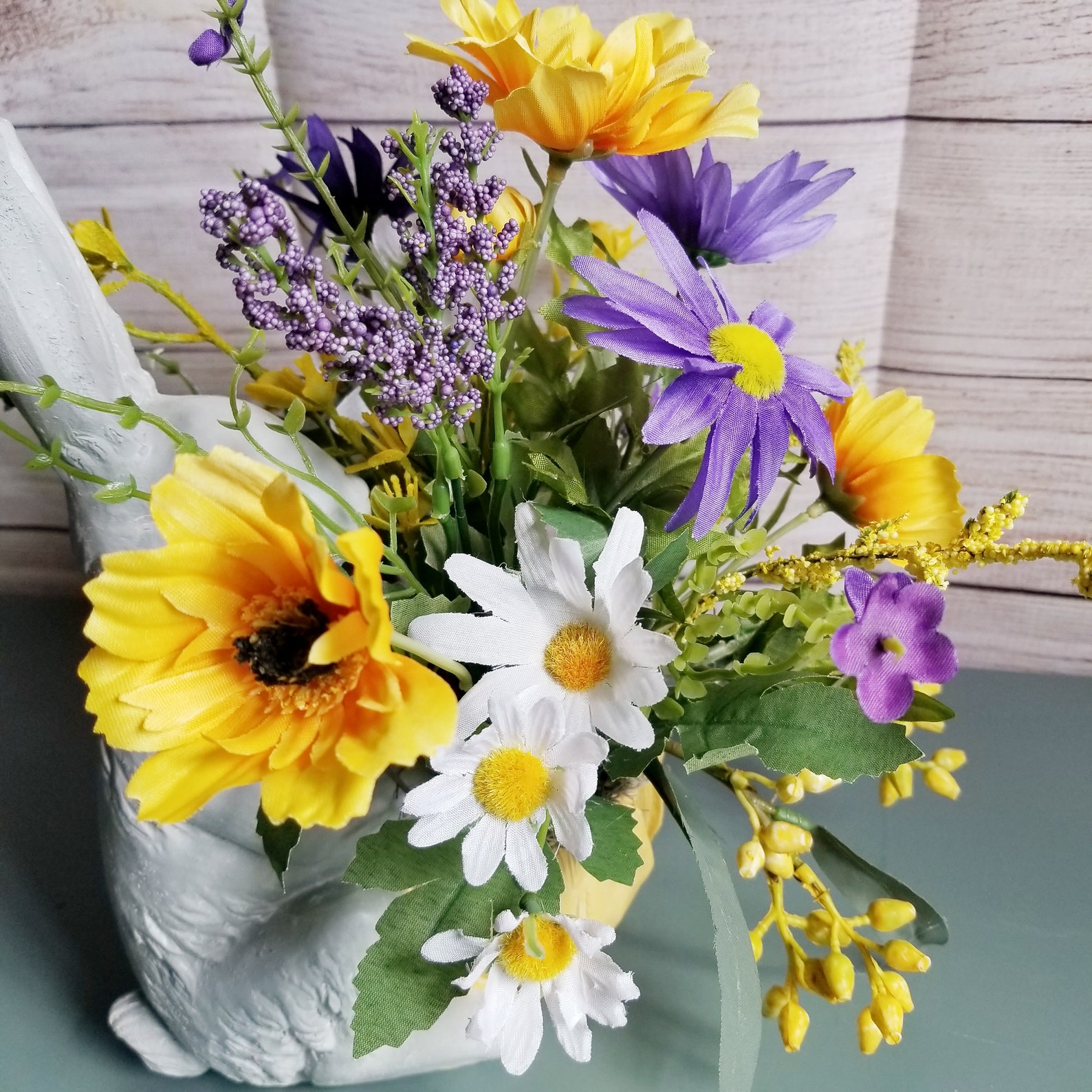 Spring Easter Bunny With Tulip Planter Faux Floral Arrangement